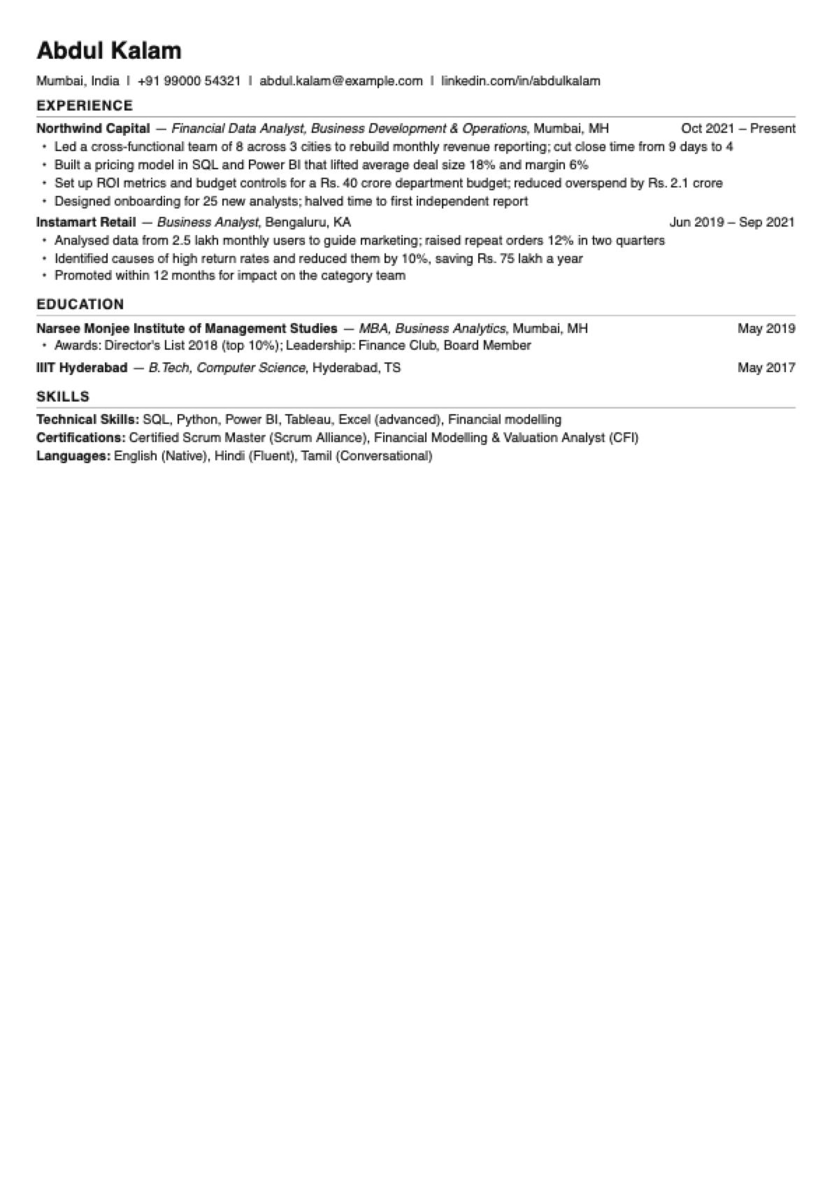 Compact 1-page resume template preview