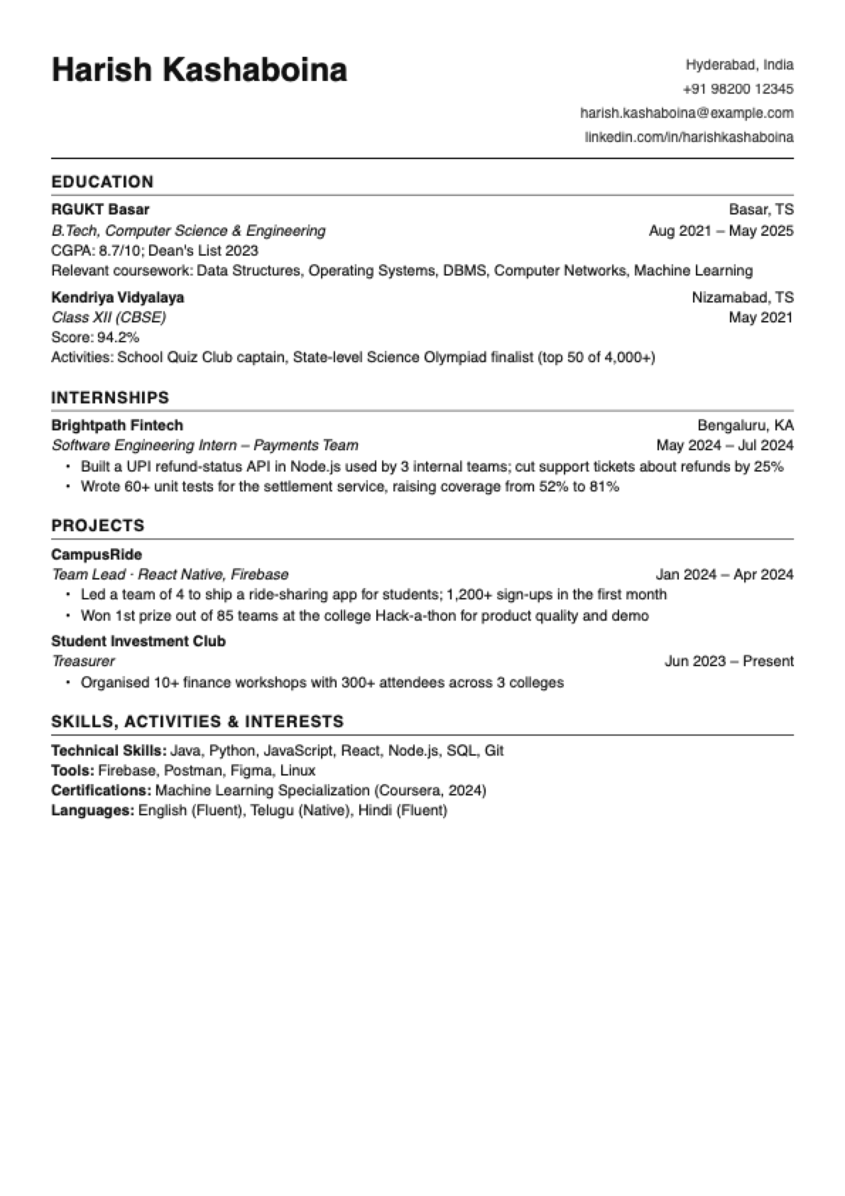 Fresher resume template preview