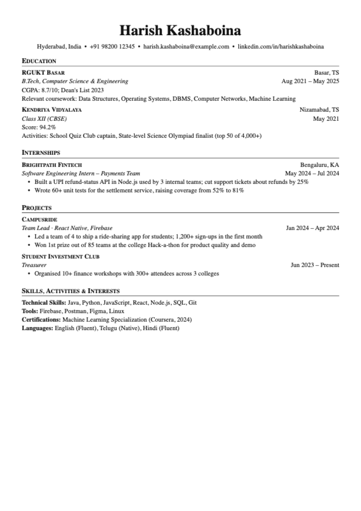 Student / Fresher resume template preview